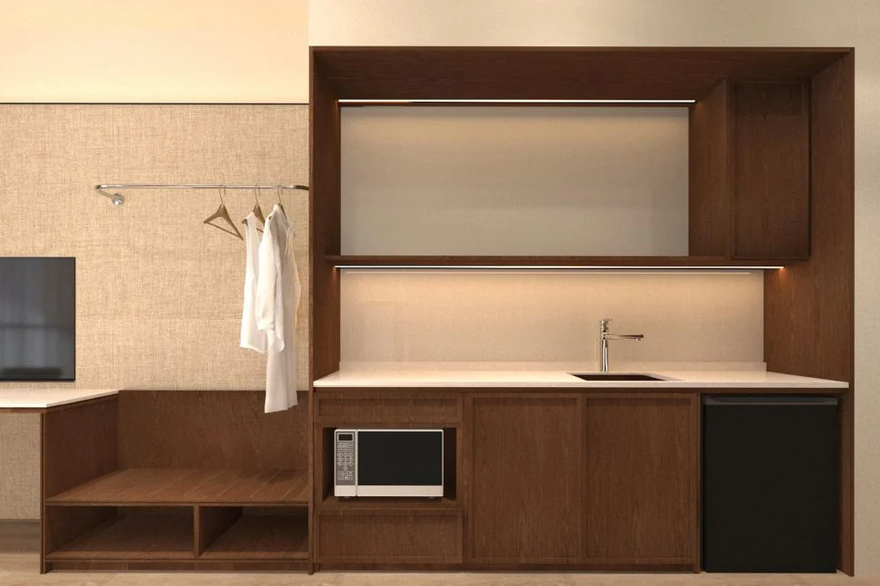 Built-in pantry and wardrobe wall in the walnut design concept for Phoeniz Suites