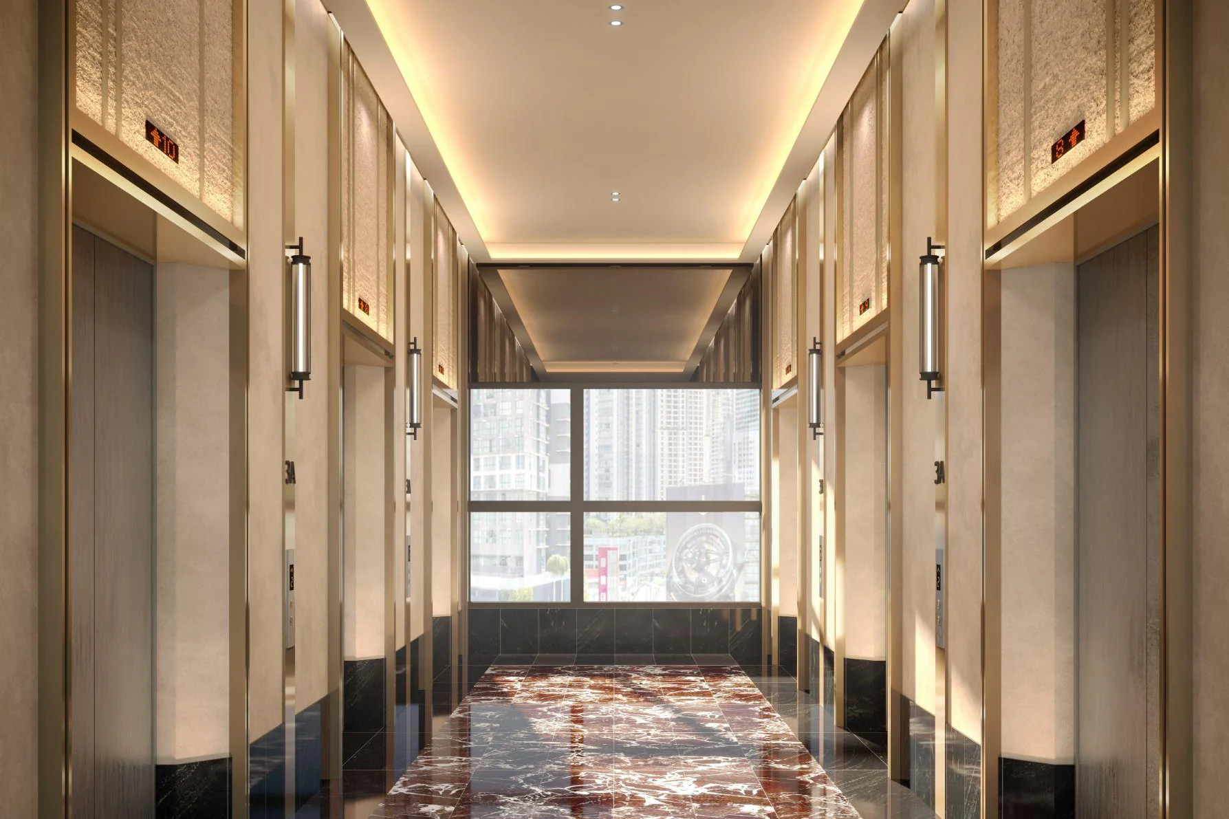 The lift lobby at Phoeniz Suites, with lifts on both sides