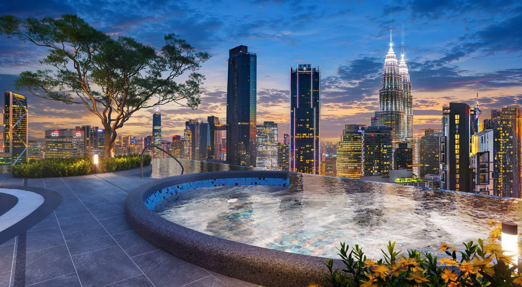 The Nest Jacuzzi on the rooftop of Phoeniz Suites at dusk