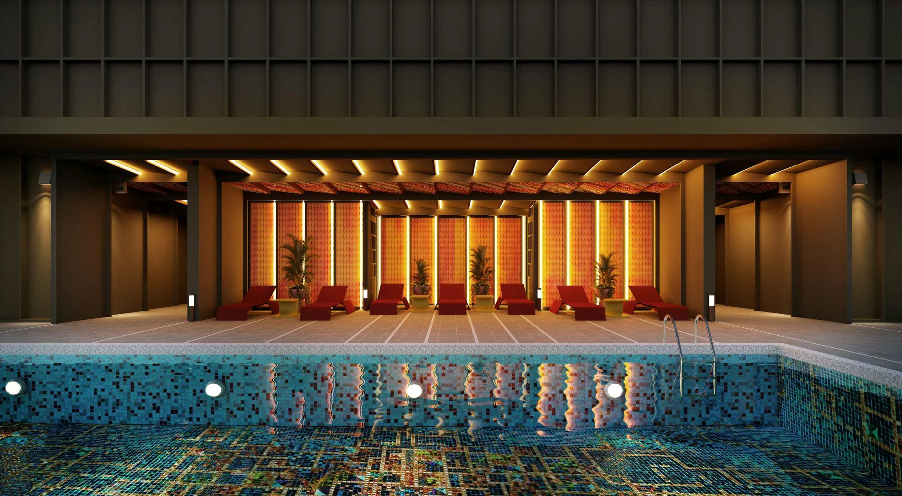 The covered Sky Pool Deck with loungers at Phoeniz Suites