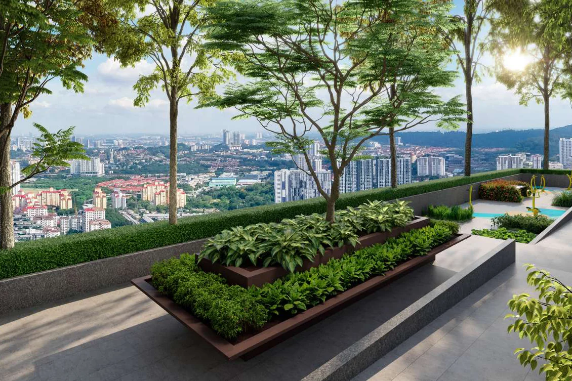 A sky garden at The Queenswoodz looking out over Bukit Jalil