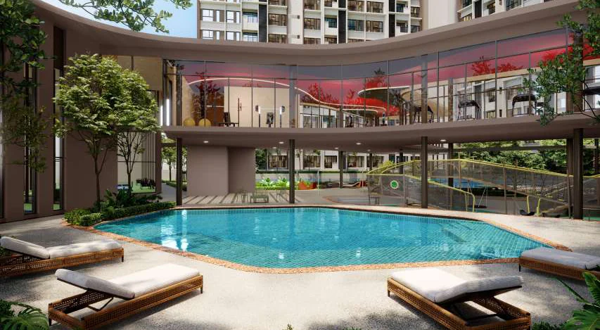 The sun deck and pool on the Level 8 podium of The Queenswoodz