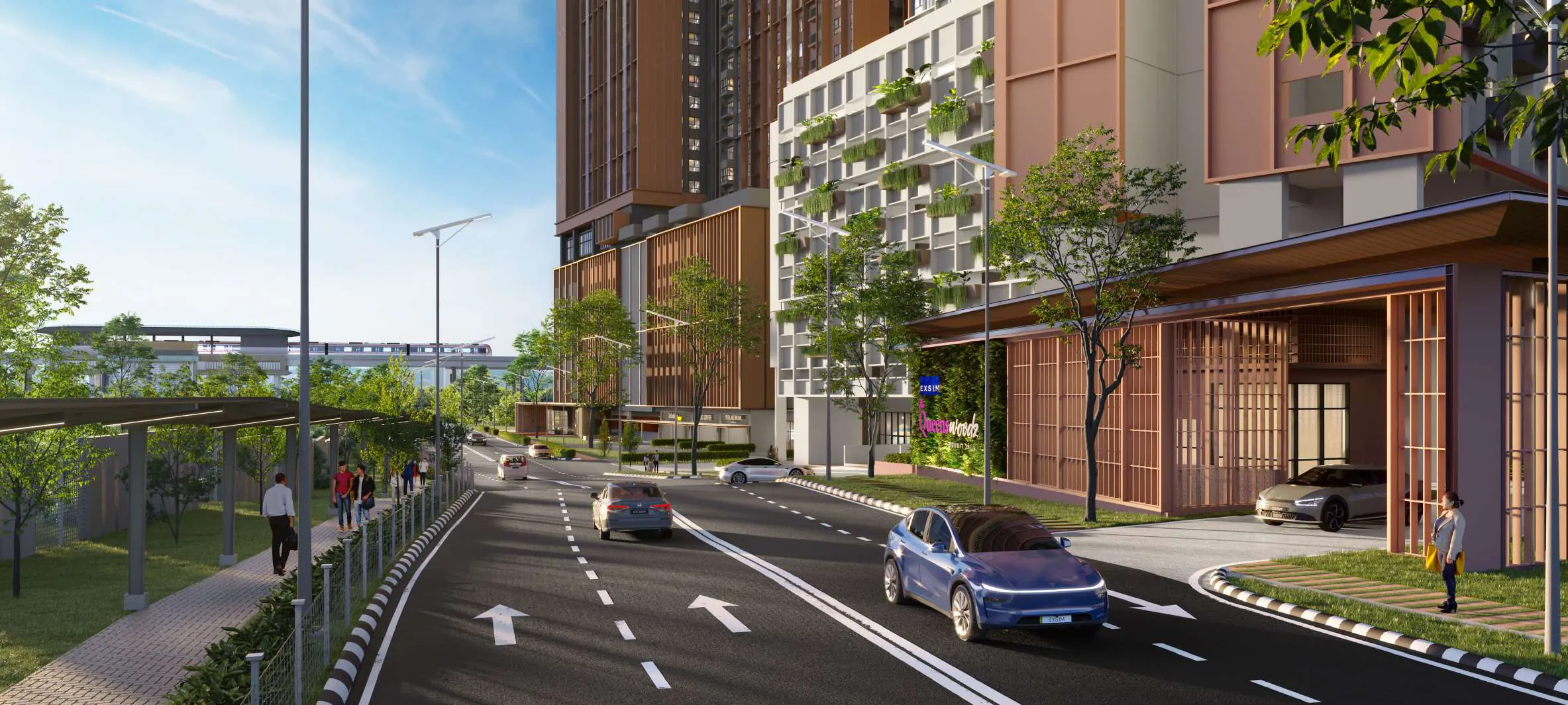 The tree-lined road to The Queenswoodz towers in Bukit Jalil City