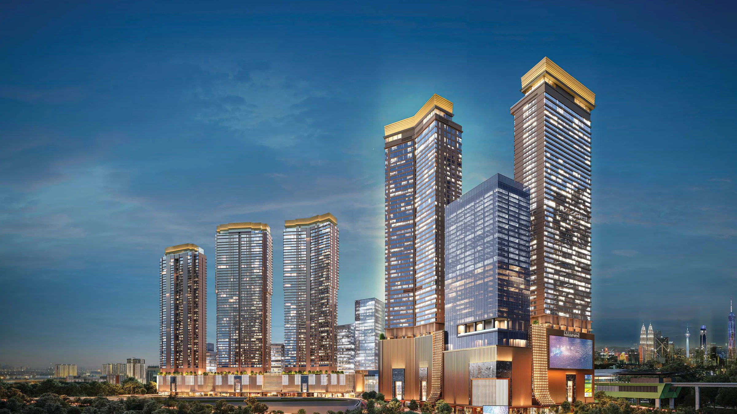 Pavilion Damansara Heights towers above the lifestyle mall, next to the MRT line, at dusk, artist’s impression