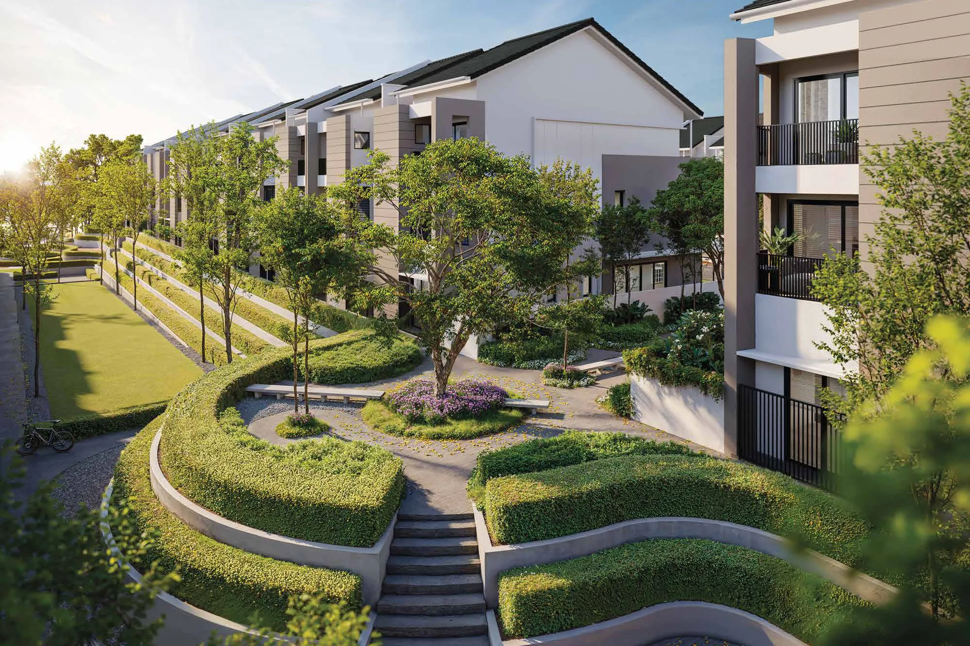 Terraced gardens on the hillside beside the Seri Embun homes