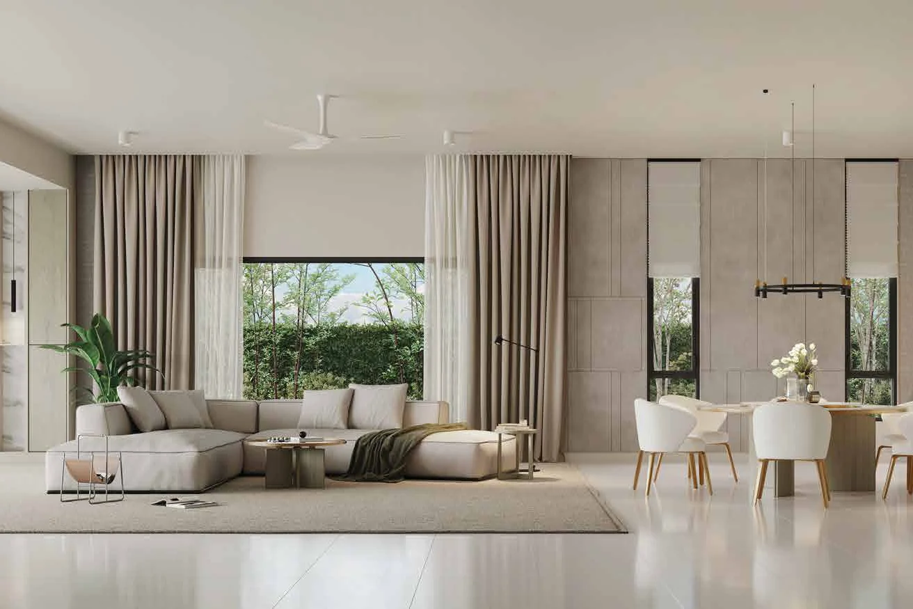 The open-plan living and dining room of a Seri Embun home