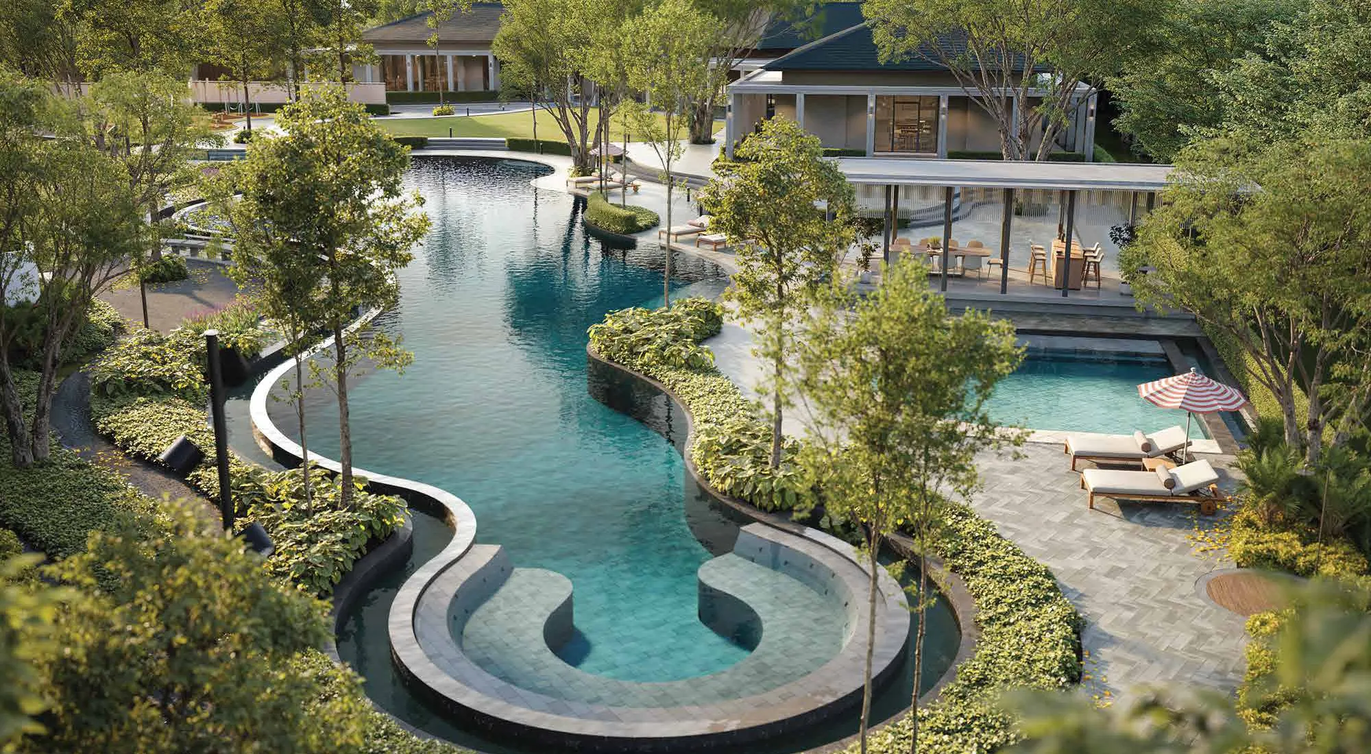 The Seri Embun swimming pool and kid's pool seen from above