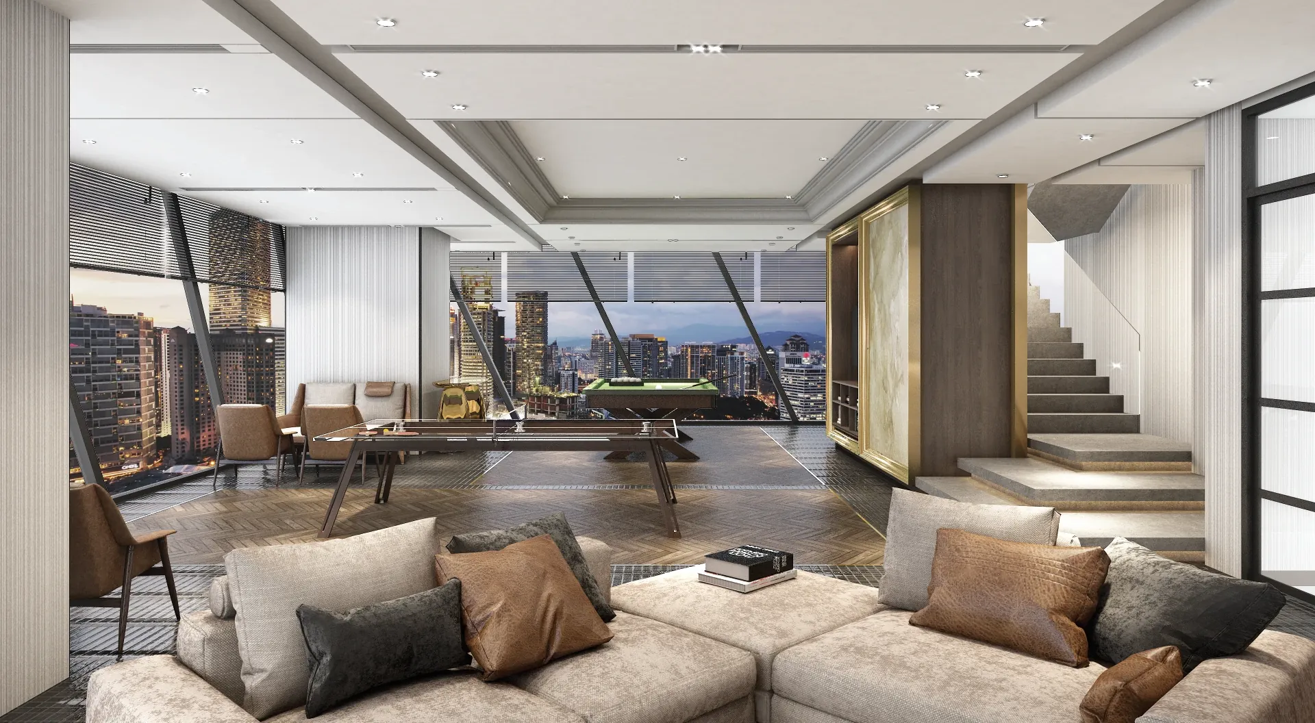 The entertainment room on Level 45 of SO/ Kuala Lumpur, with a pool table and a ping-pong table