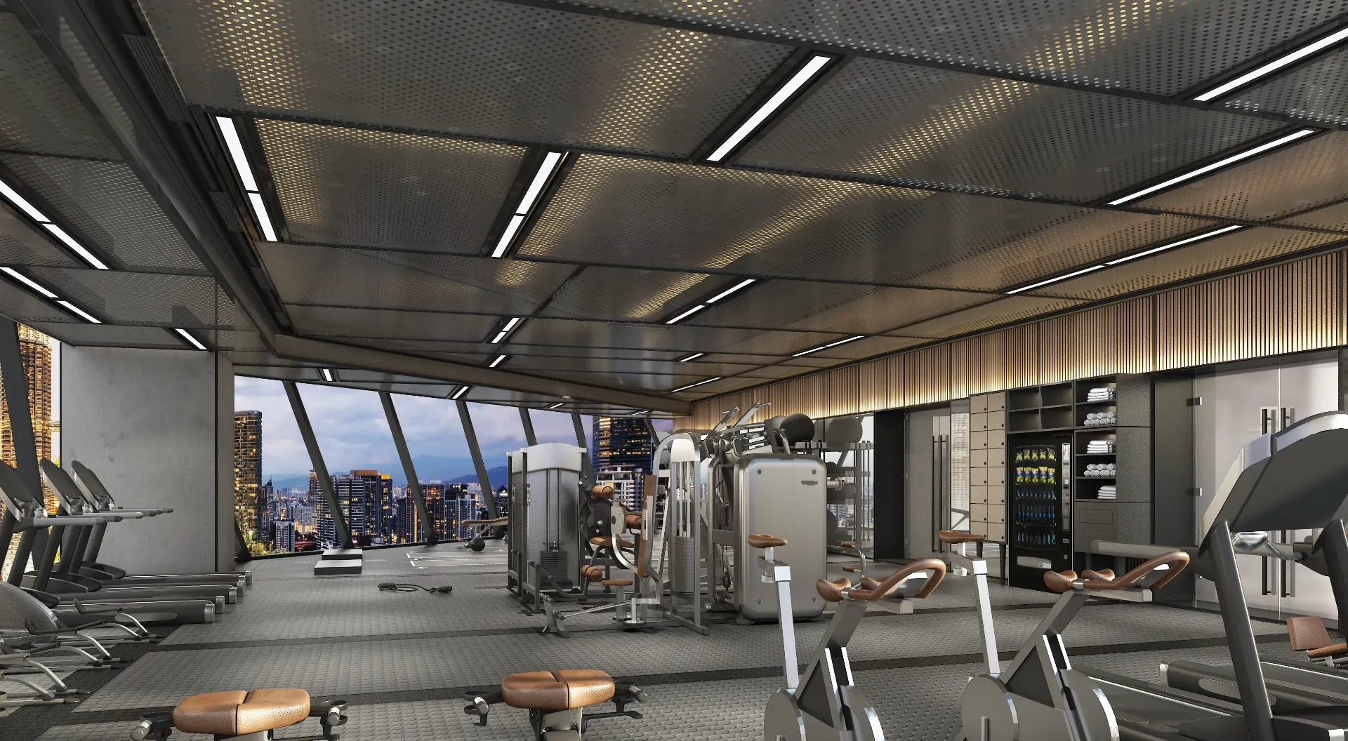 The residents’ gym on Level 46 of SO/ Kuala Lumpur, with a city view