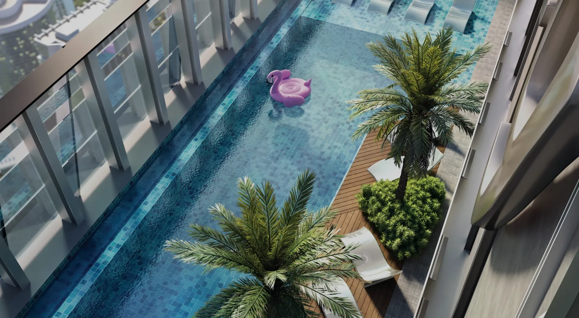 The residents’ rooftop pool on Level 77 of SO/ Kuala Lumpur, with cabanas and palms