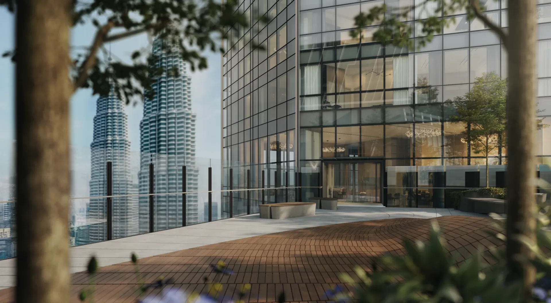 The sky garden on Level 46 of SO/ Kuala Lumpur, facing the Petronas Twin Towers