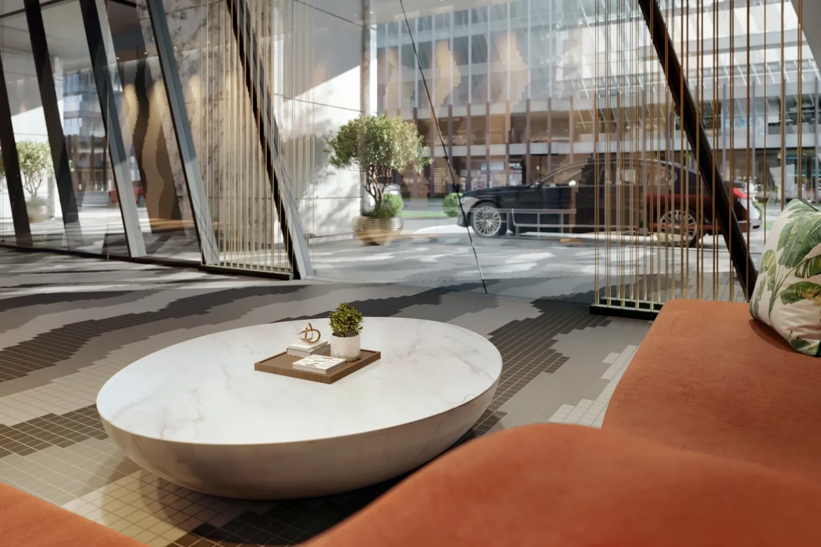 The street lobby lounge at SO/ Kuala Lumpur, looking out to the drop-off