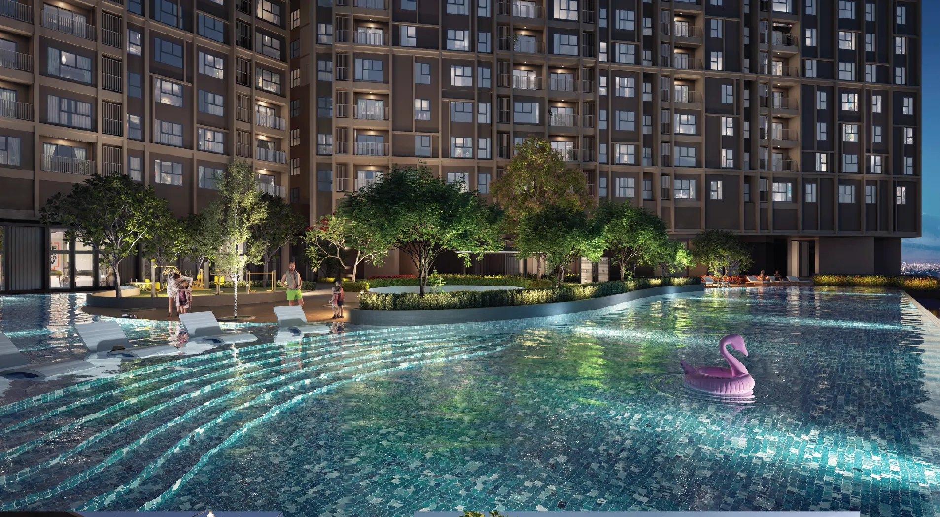 The Aldenz Oasis pool at night