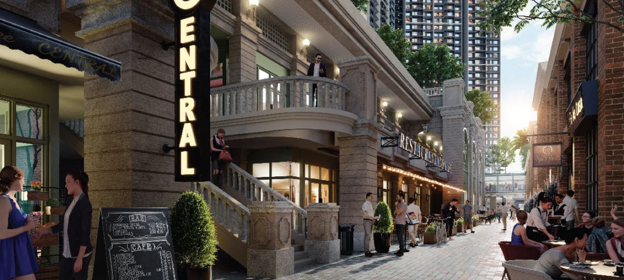 Cafés along the Central retail street below The Aldenz