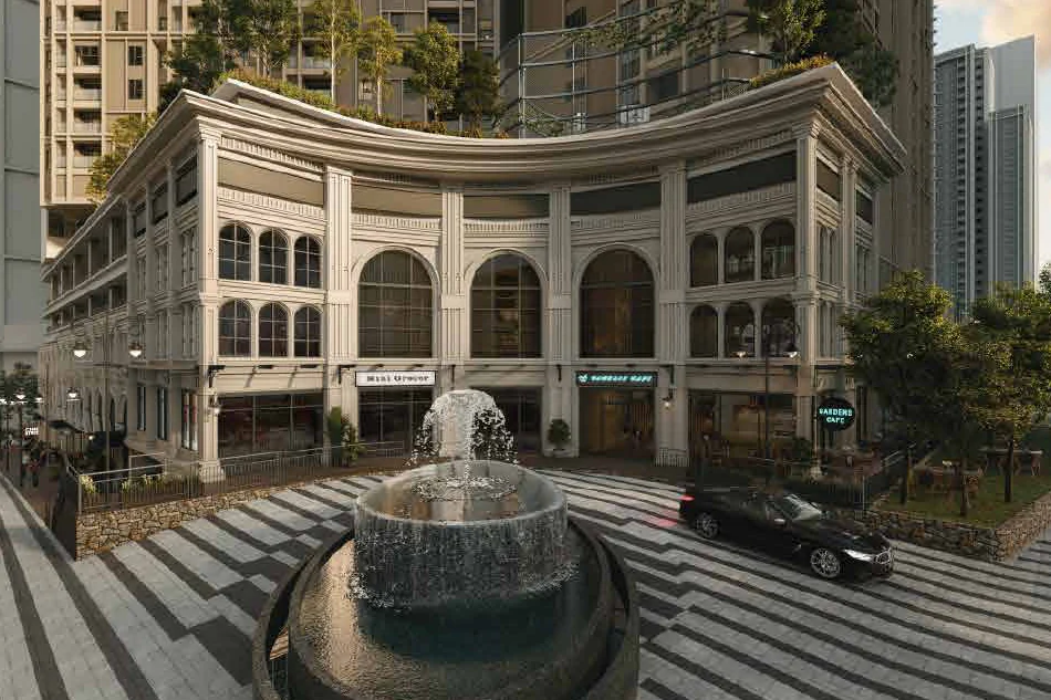 The fountain court and colonial retail arcade at The Aldenz