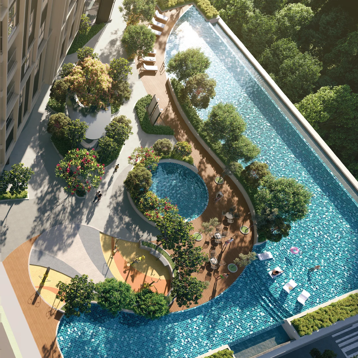 The tree-planted pool deck below the homes of The Aldenz, seen from a balcony above