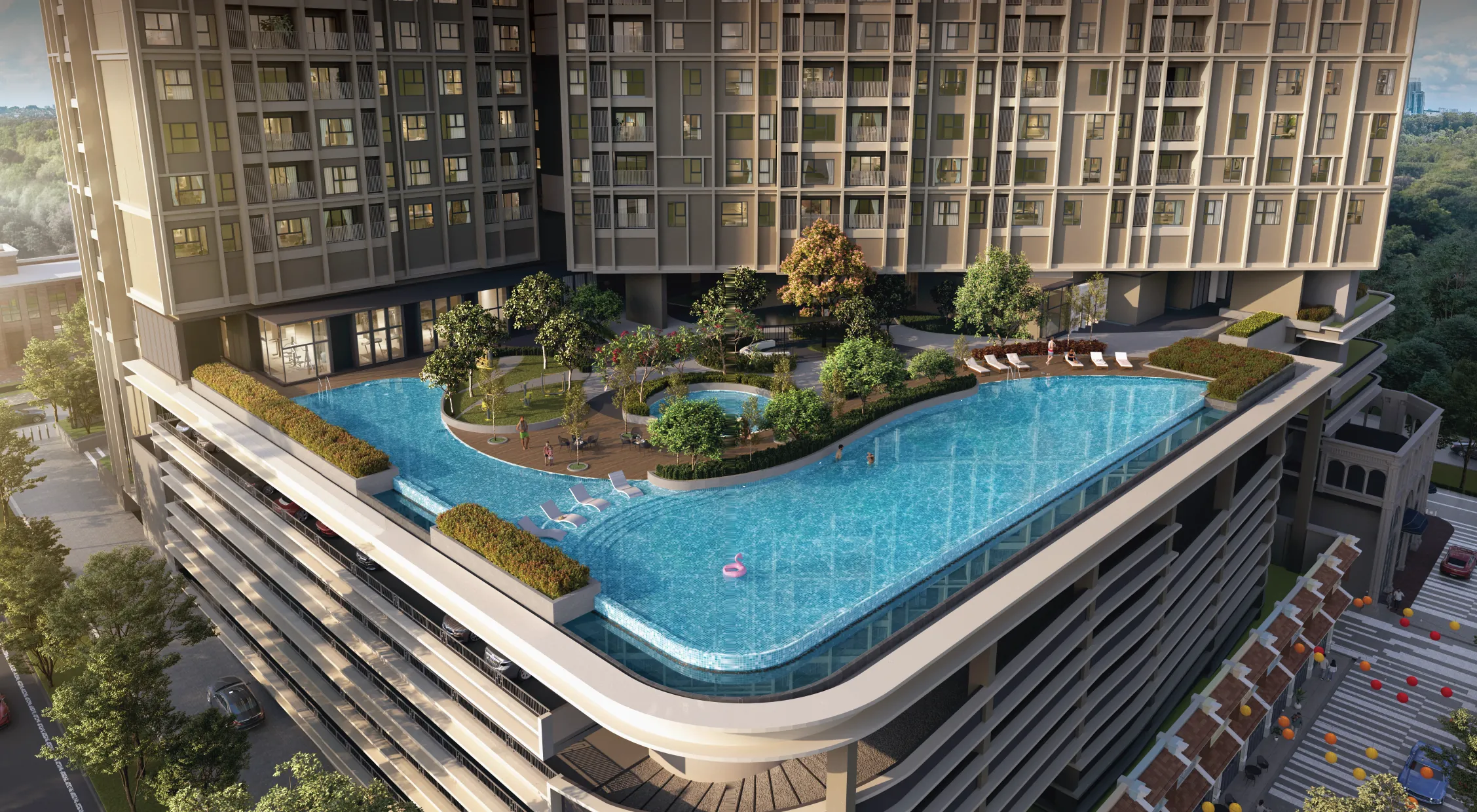 The Aldenz Oasis pool deck on the podium of The Aldenz, from above