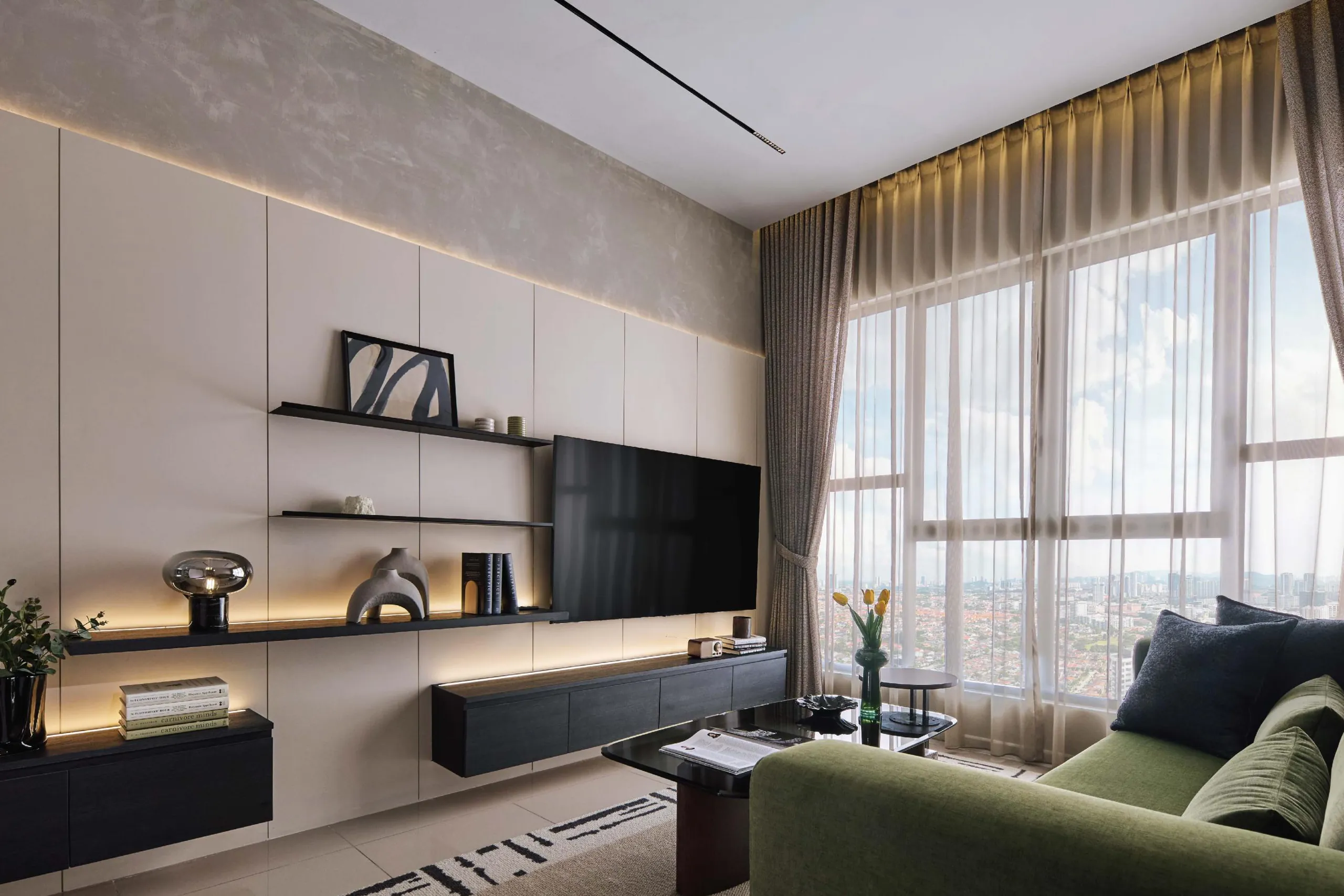 The Atera show unit living room with a view over Petaling Jaya