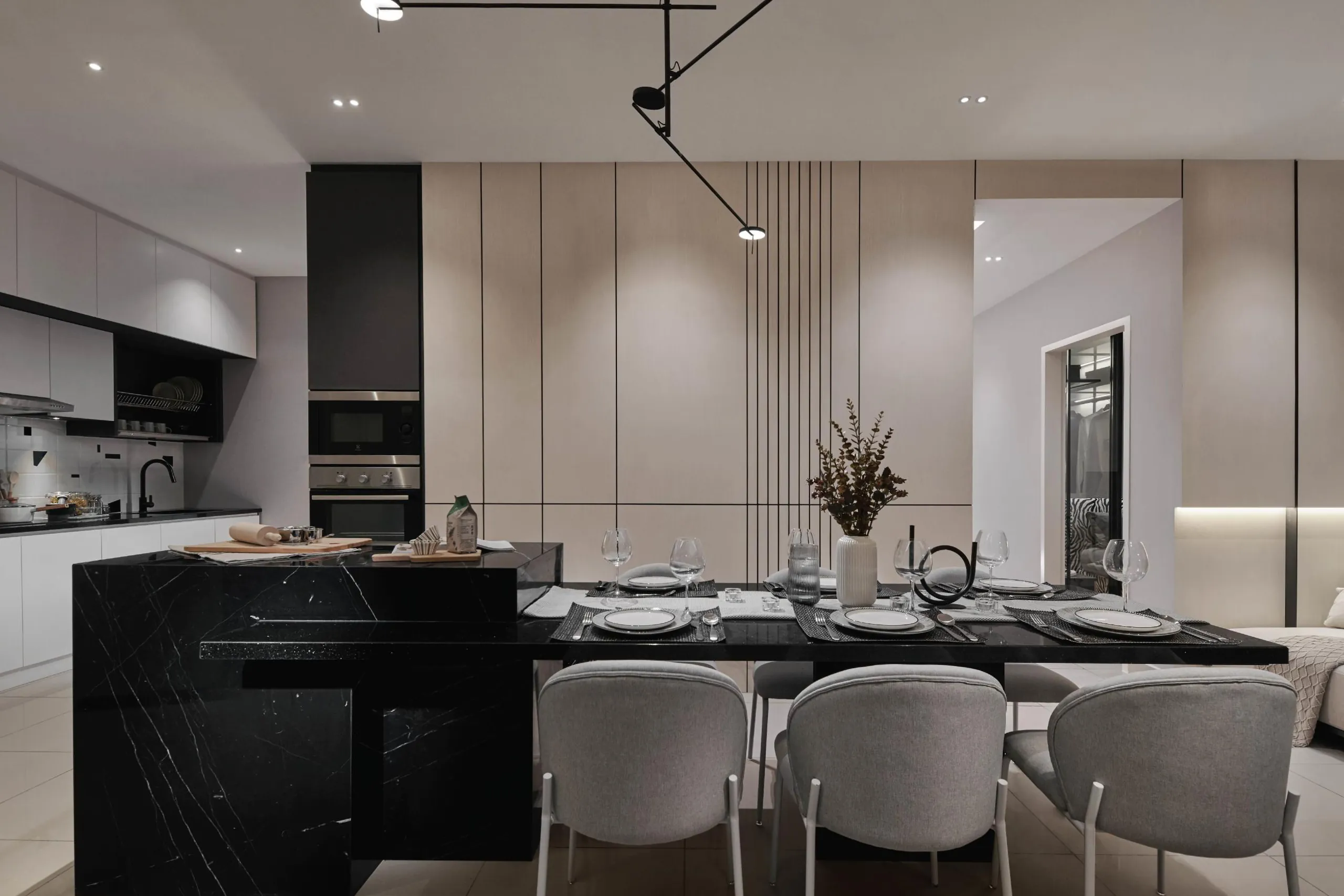 The Atera show unit kitchen and dining area