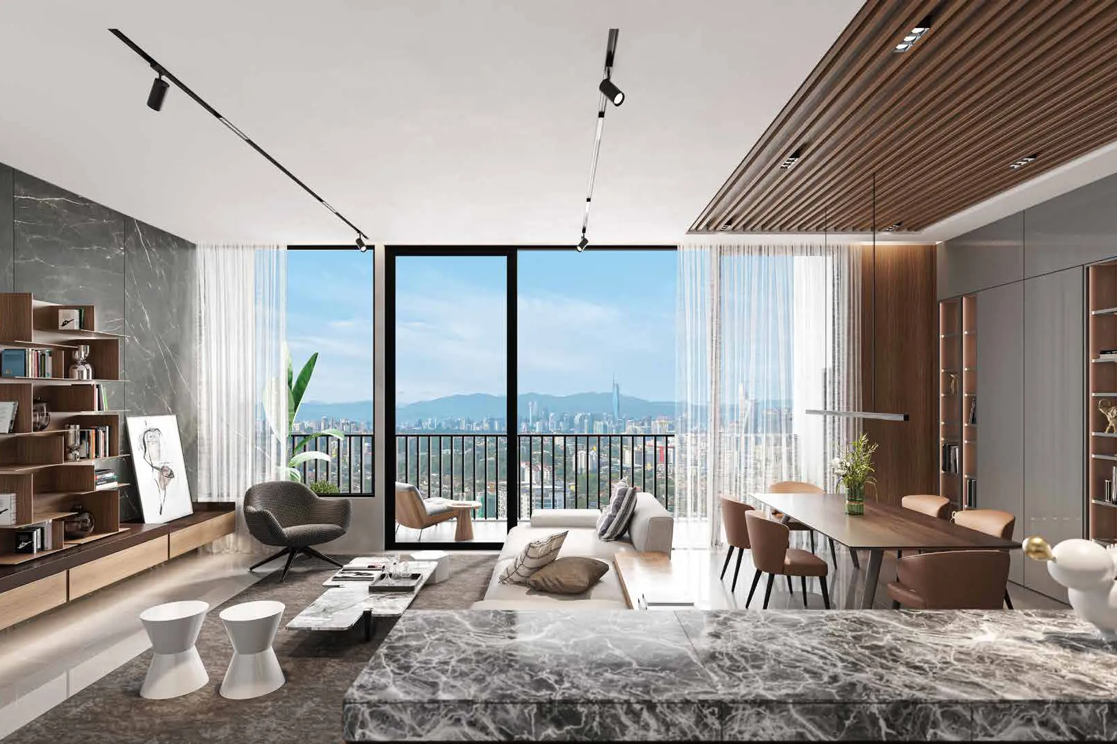 A Type D living and dining room at The Atera with a view of Kuala Lumpur