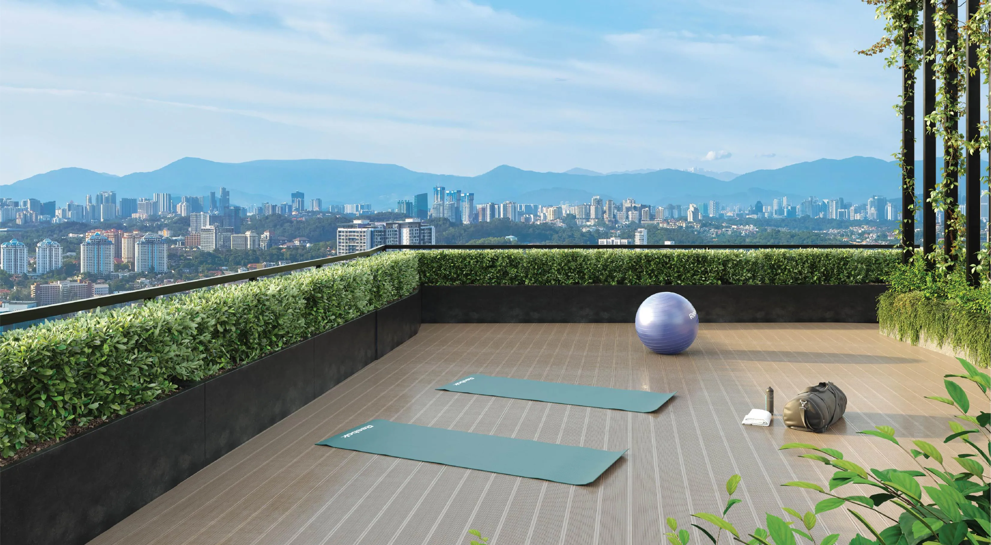 The yoga space at The Atera, looking out to Kuala Lumpur