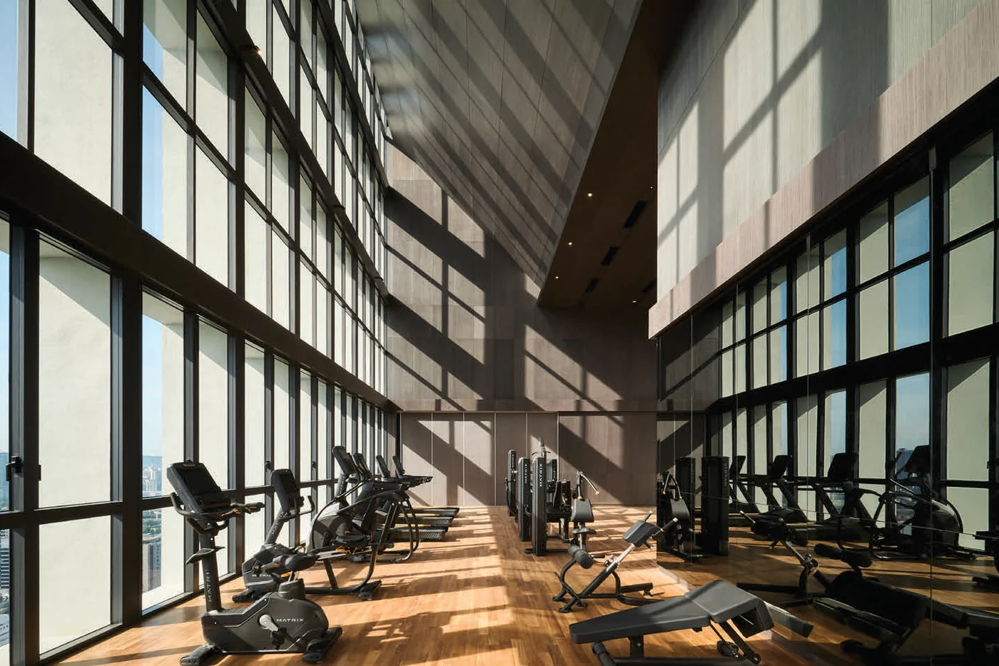 The Conlay double-height gymnasium with city views