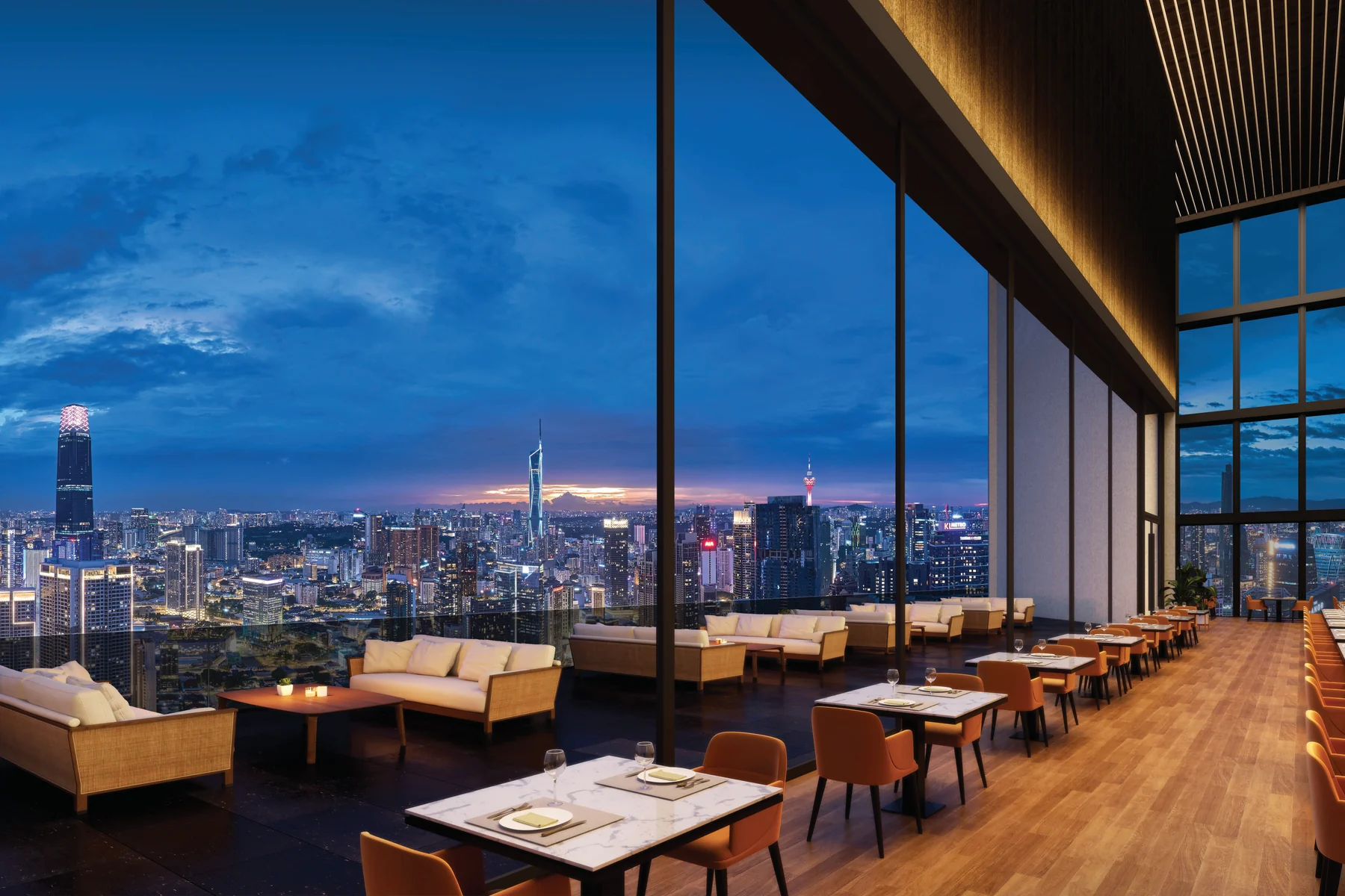 The Conlay sky dining on Level 50 overlooking the KL skyline at night