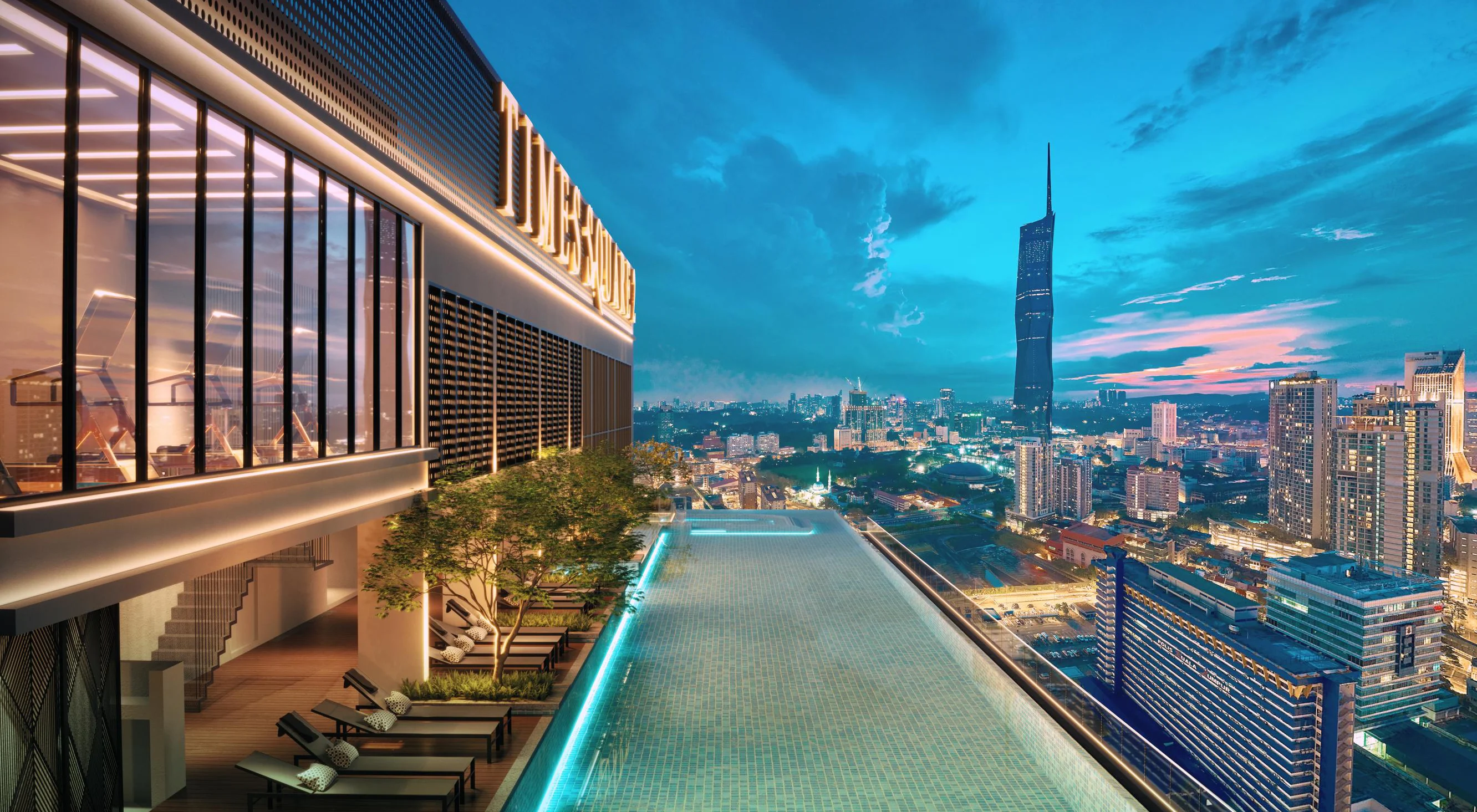 The 40-metre infinity pool on Level 41 of Times Square 2 at dusk
