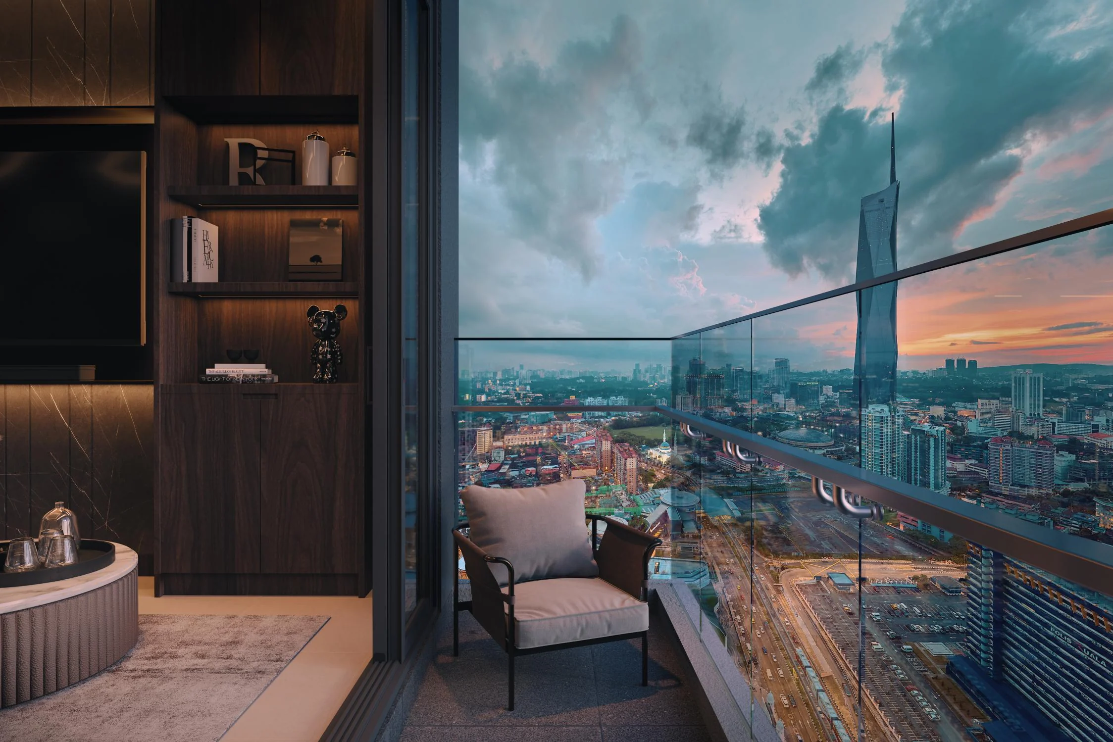 A balcony at Times Square 2 looking out at Merdeka 118