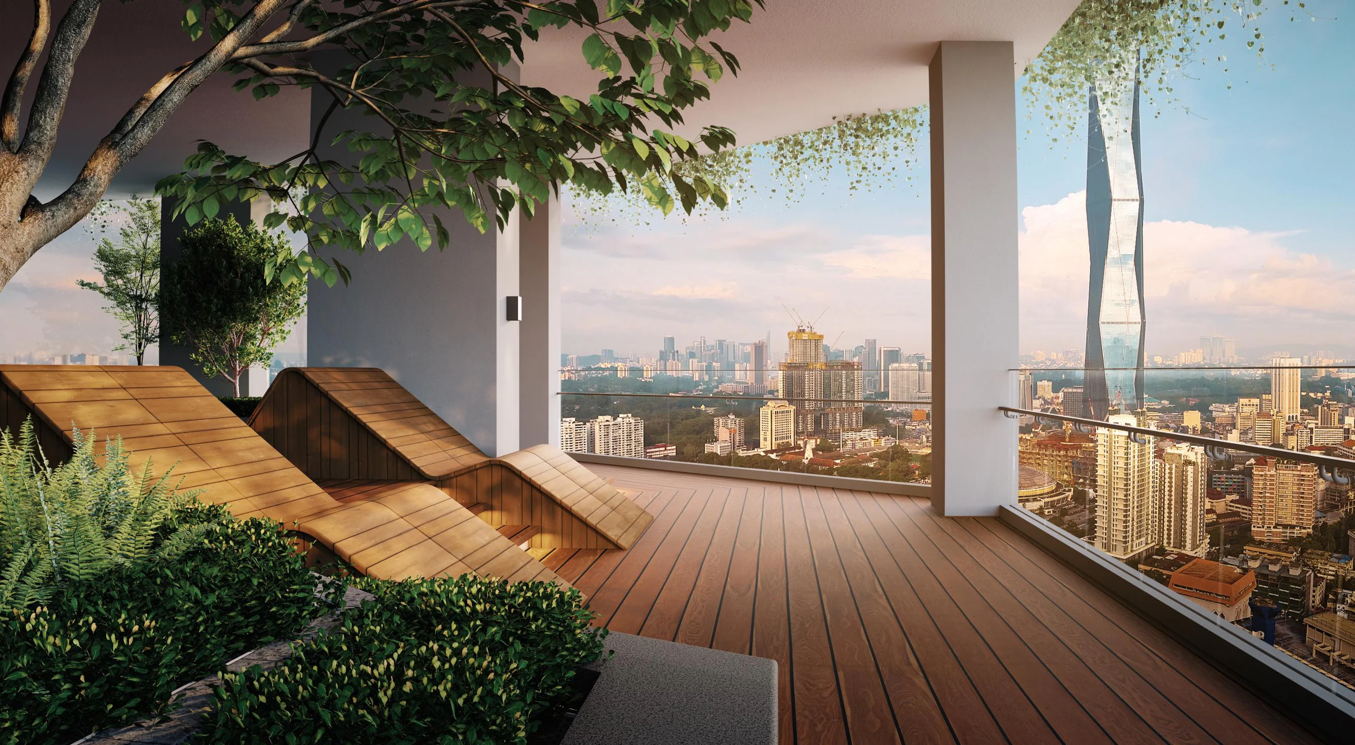 The timber lounge on the Level 7 urban deck of Times Square 2, facing the city