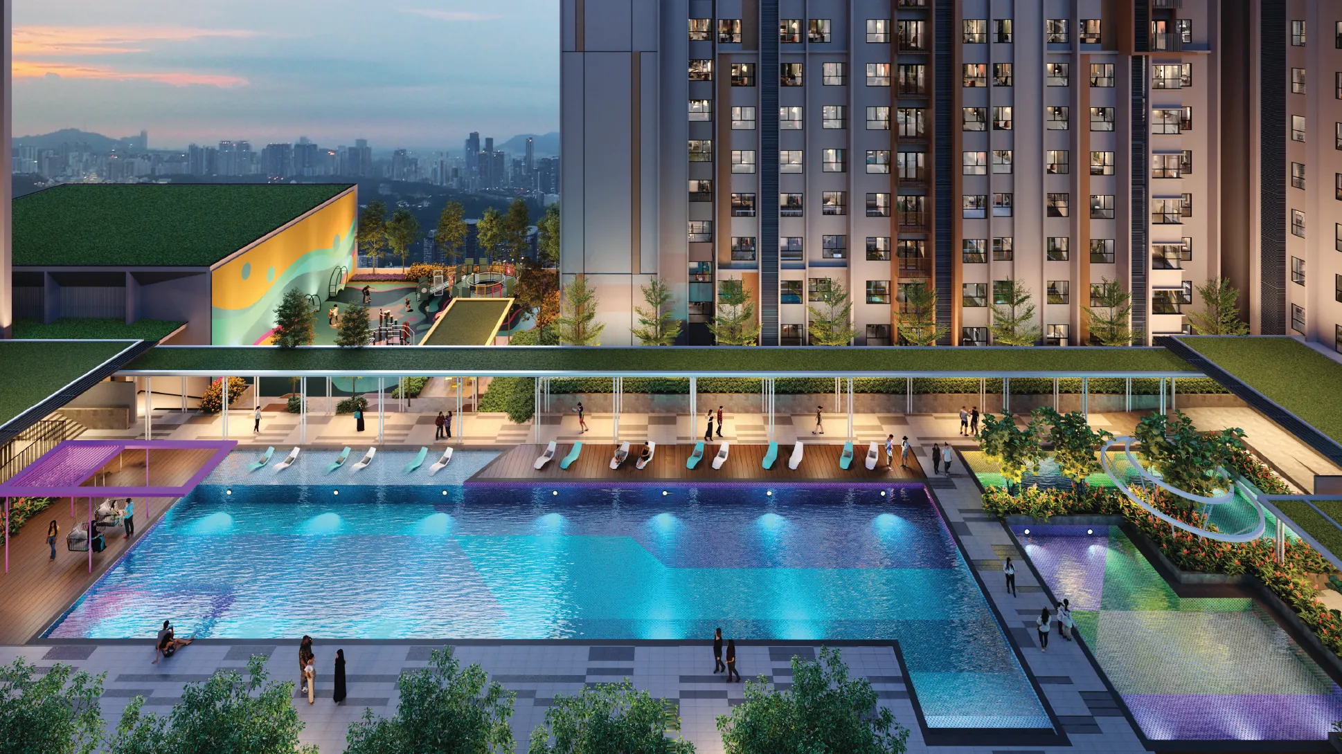 The Vividz Pool on the Level 8 podium of The Vividz, Bukit Jalil, at night