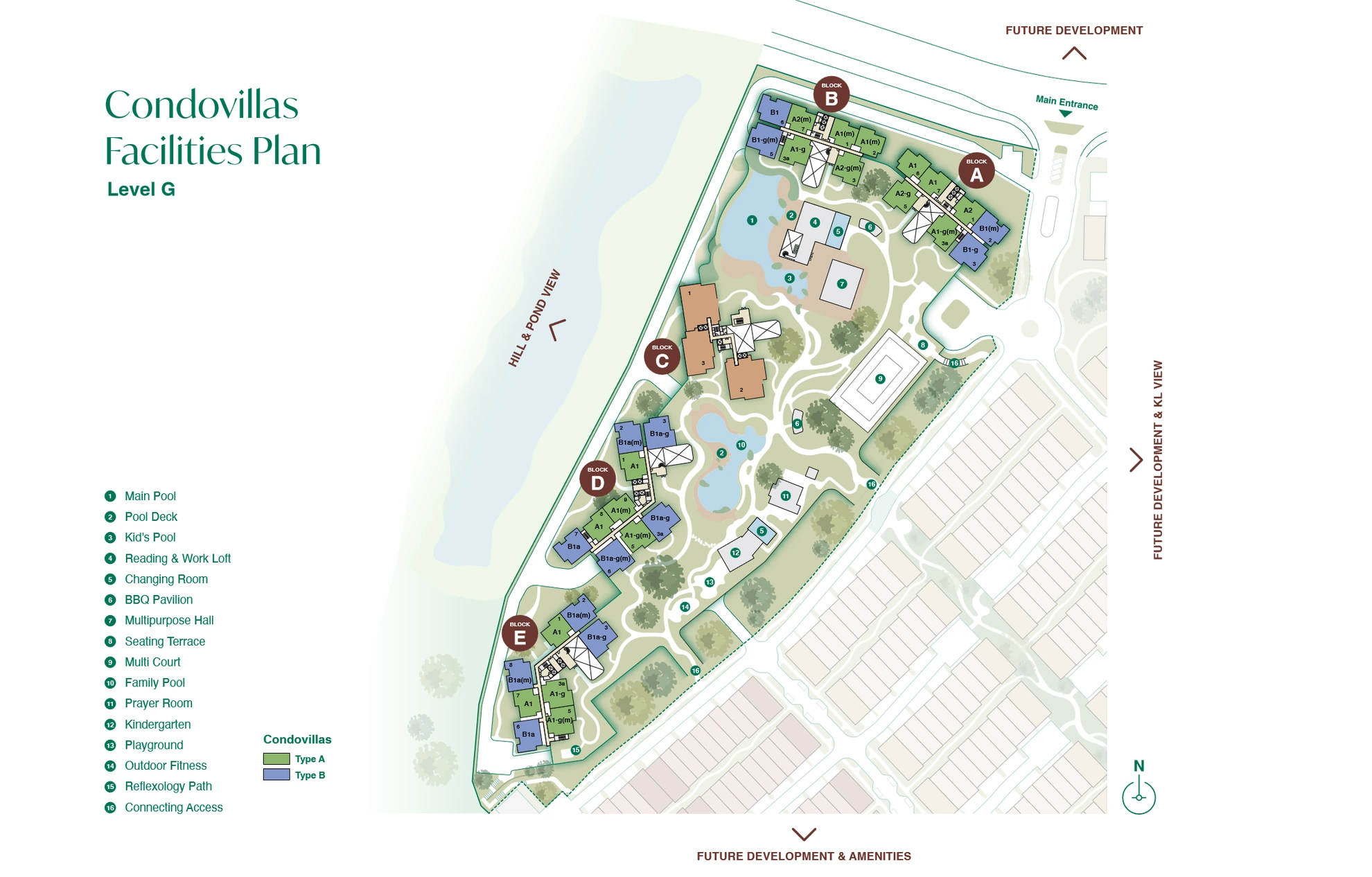 Zenia Level G facilities plan: pools, gardens, courts, playground, kindergarten and prayer room
