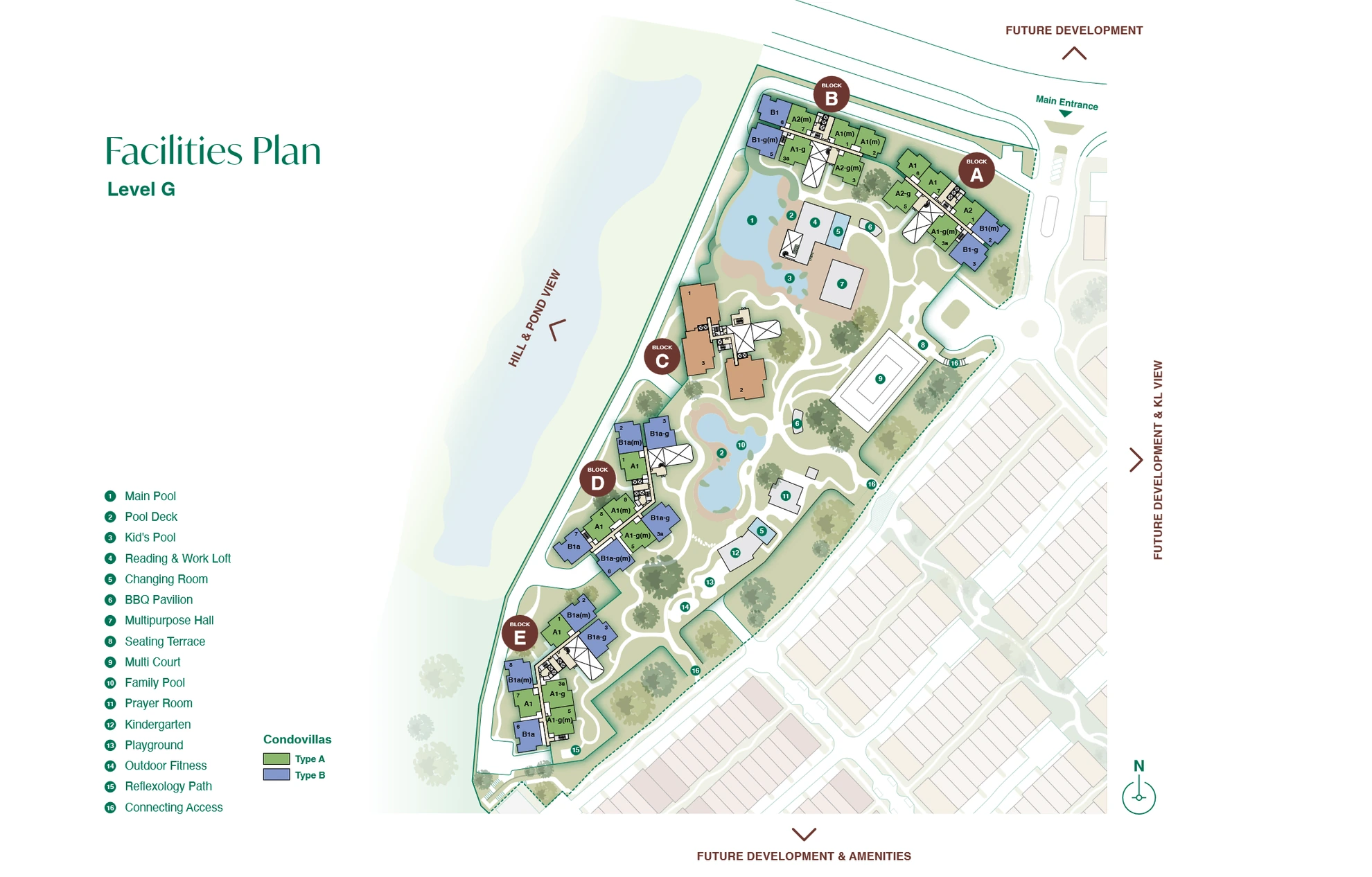 Zenia Level G facilities plan: pools, gardens, courts, playground, kindergarten and prayer room