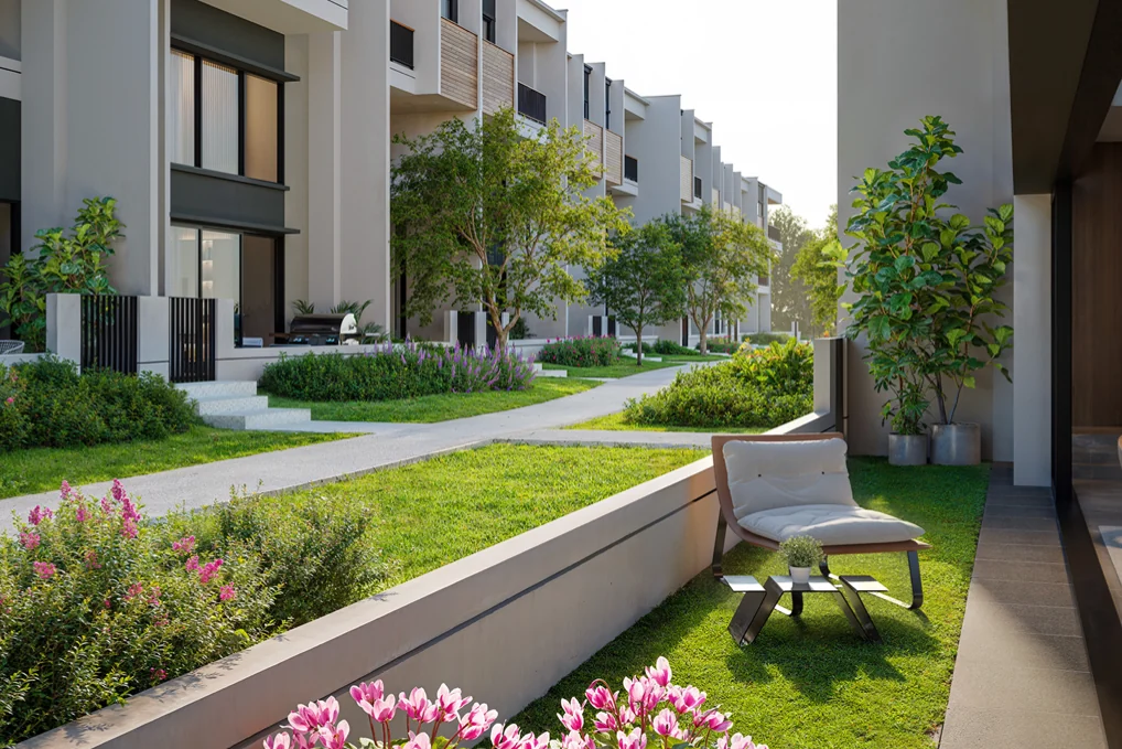 Garden terrace and lawn in front of a Zenia Parkhome