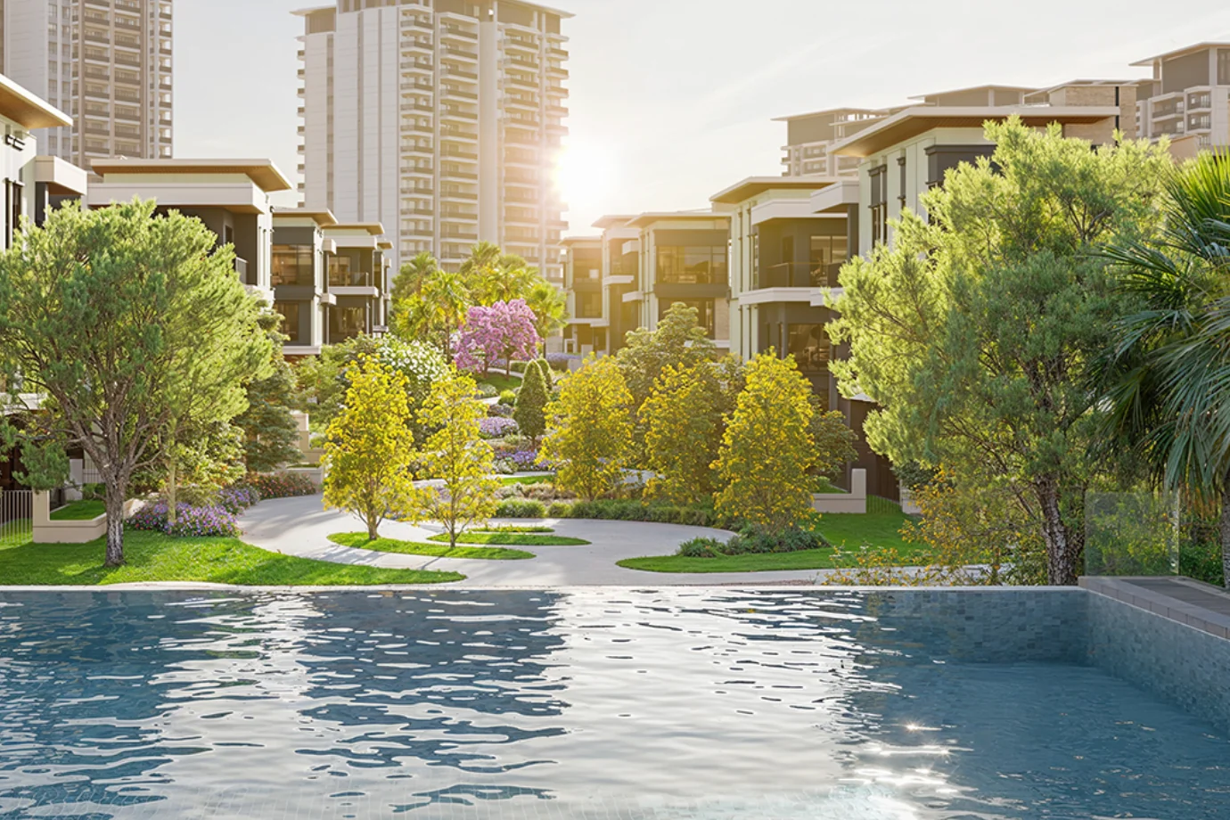 Pool and tree-lined parkland at ParkCity Damansara Zenia