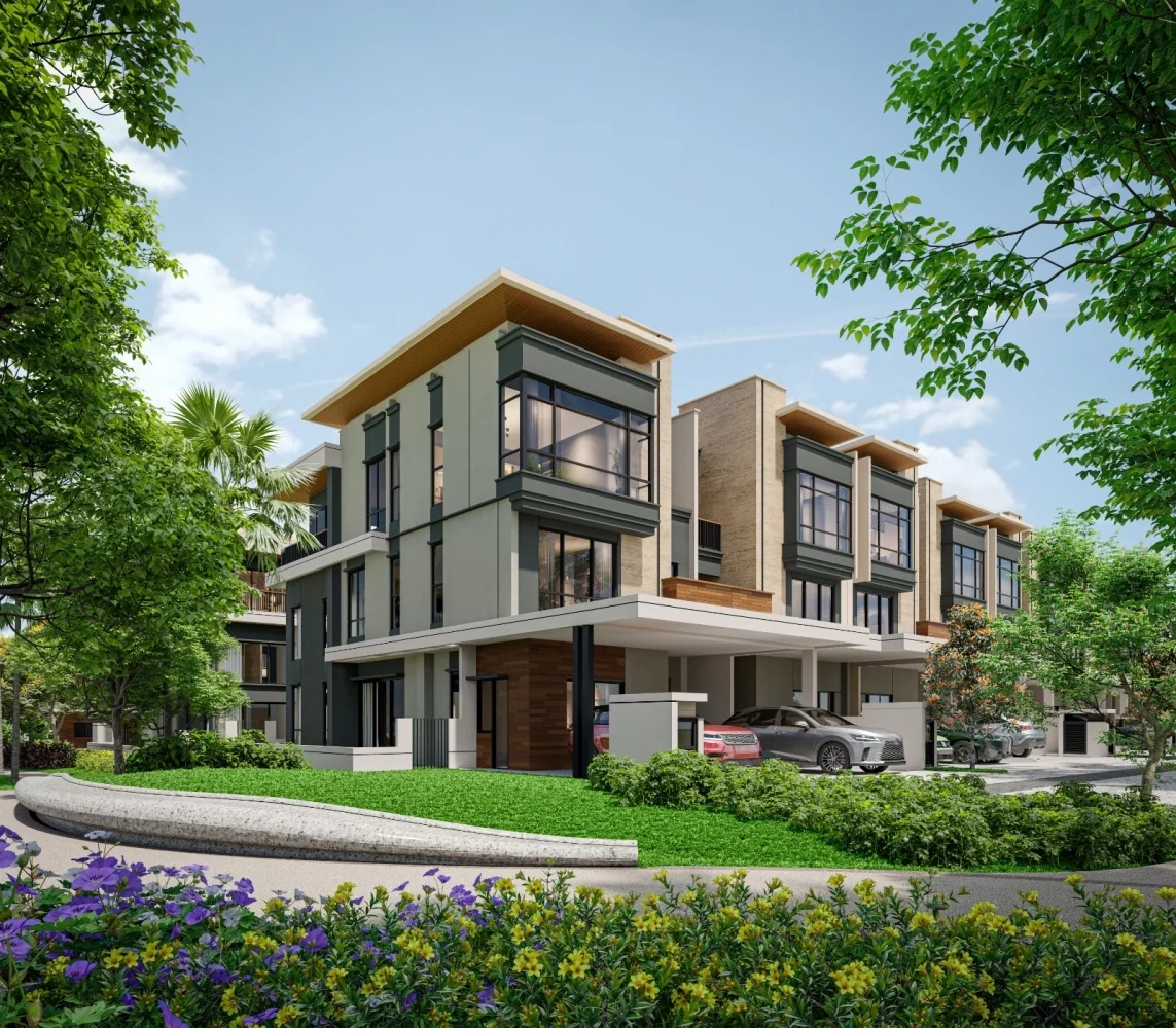 Zenia Parkhomes three-storey homes with two-car porches on a tree-lined street in Petaling Jaya