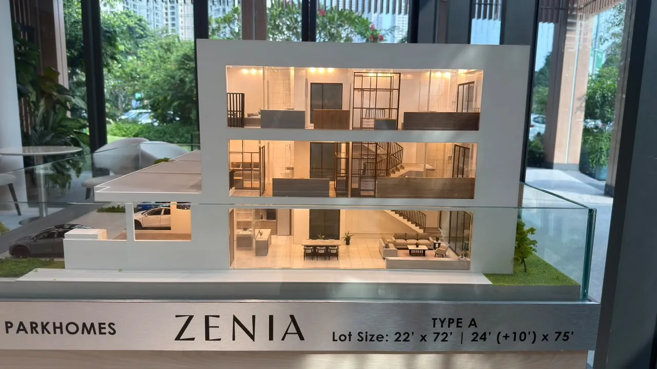 Zenia Parkhomes Type A sectional model at the Zenia showroom, showing all three floors