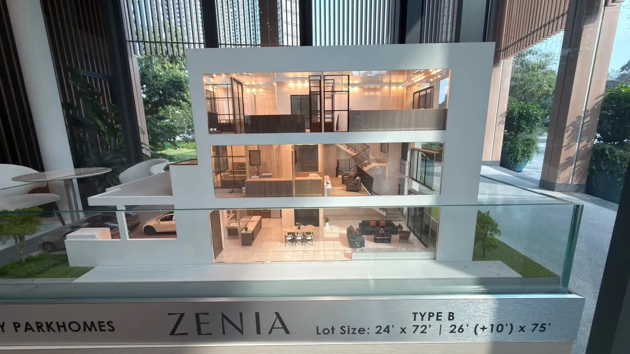 Zenia Parkhomes Type B sectional model at the Zenia showroom, showing all three floors